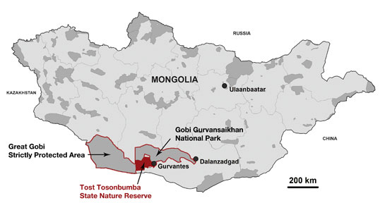 A map of Mongolia showing the Tost State Nature Reserve (in red). A map of Mongolia showing the Tost State Nature Reserve (in red).