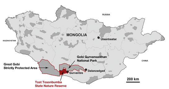 A map of Mongolia showing the Tost State Nature Reserve (in red).