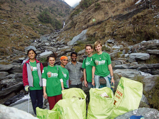 Volunteers with waste collected from the weekly Bhagsunag Waterfall clean up in Dharamsala, Himachal Pradesh.