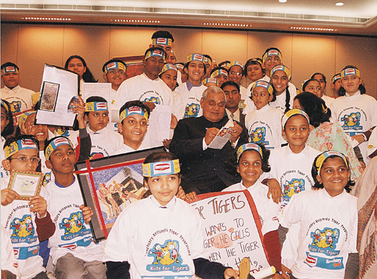 Prime Minister Modi has said he would complete the unfinished agenda of former Prime Minister Atal Bihari Vajpayee who is seen here with representatives of the one-million-strong Kids for Tigers network. One such unfinished agenda was the protection of the forests of india, which the former Prime Minister said were the true temples of Lord Ram.