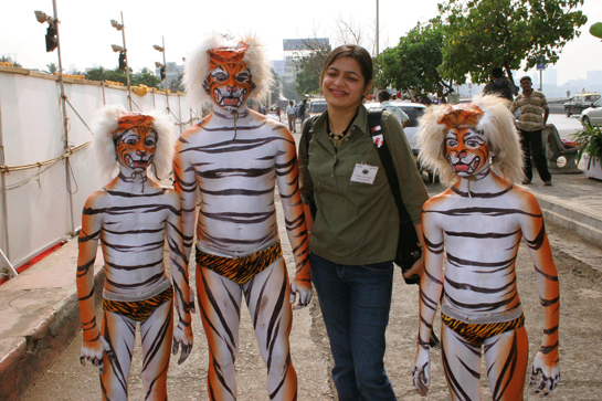 Prerna Bindra with the famous Huli Vesha dancers of Karnataka who performed at the Sanctuary-ABN AMRO Wildlife Awards 2007 ceremony in Mumbai.